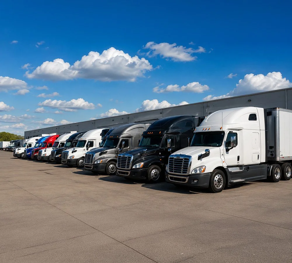 Several semi-trucks parked in a row on a large concrete lot under a blue sky with scattered clouds.