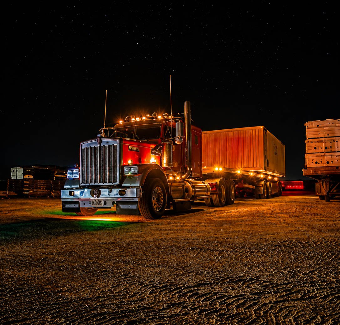 Nighttime image of a red semi-truck with a trailer parked on a dirt lot, illuminated by amber lights, under a starry sky.
