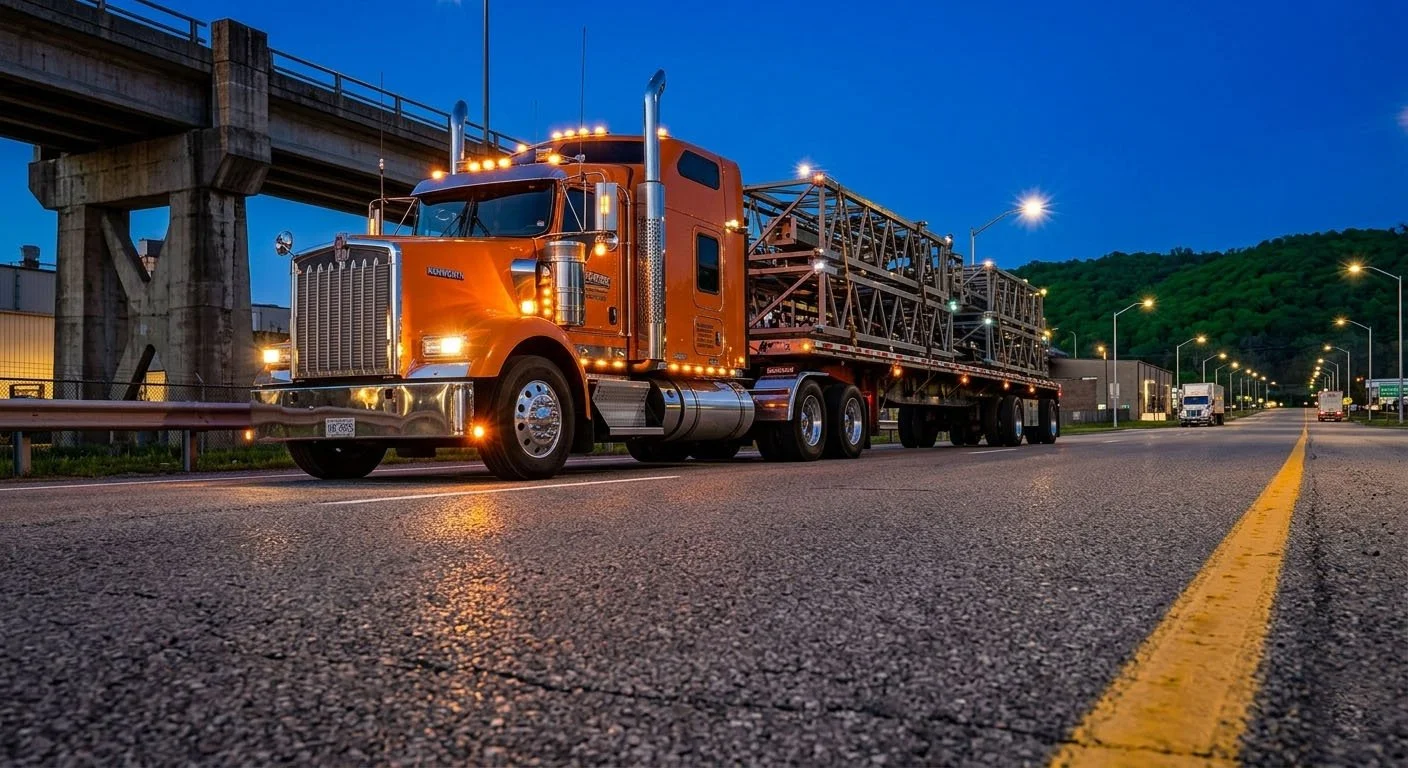 An orange semi-truck with a flatbed trailer carrying metal framework, parked on a road near a bridge at dusk, with streetlights and other trucks in the background.