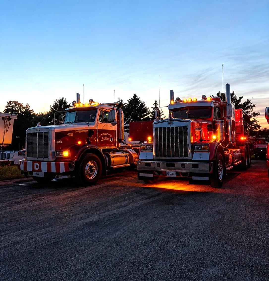 Two red fire trucks parked side by side at dusk with illuminated emergency lights, trees and a partly cloudy sky in the background.
