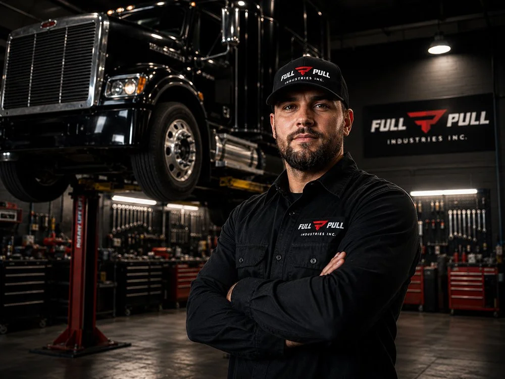 A man standing in an auto repair shop with arms crossed, wearing a black cap and shirt with 'Full Pull Industries Inc.' logo, in front of a lifted black semi-truck and a wall with the same logo.