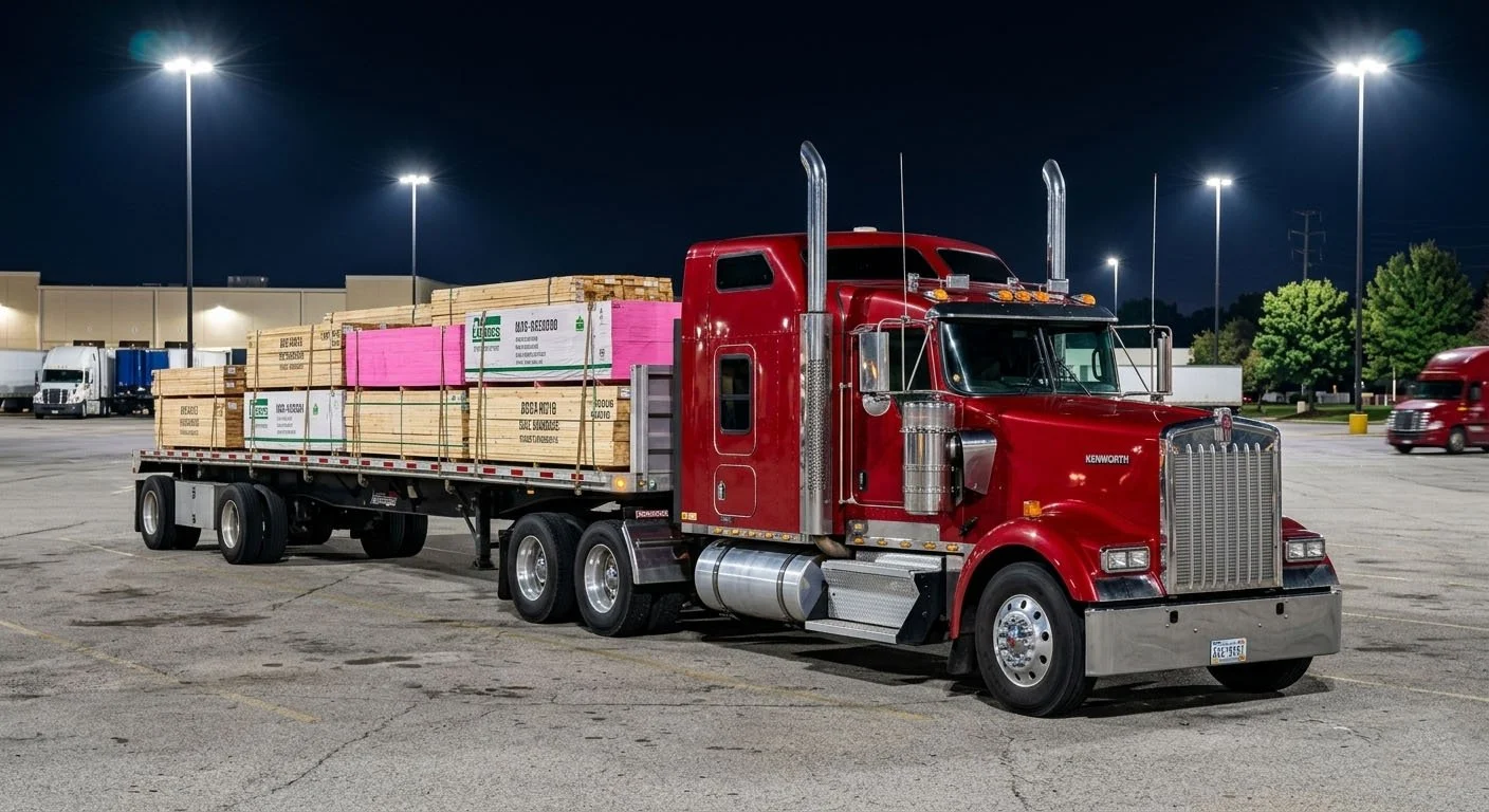 Red semi-truck parked in a lot at night, loaded with lumber.