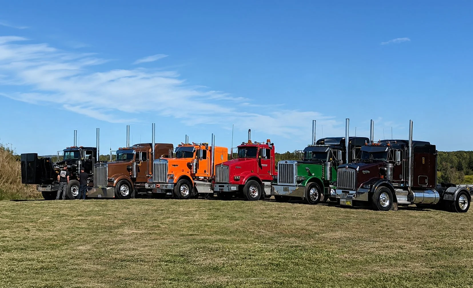 Five large semi-trucks with different colored cabs (black, brown, orange, red, green, black) parked on a grassy field under a clear blue sky. Two people are near the first black truck.