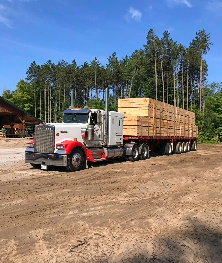 A semi-truck with a white cab and red fenders carrying a load of long wooden planks on a dirt lot near a forest.