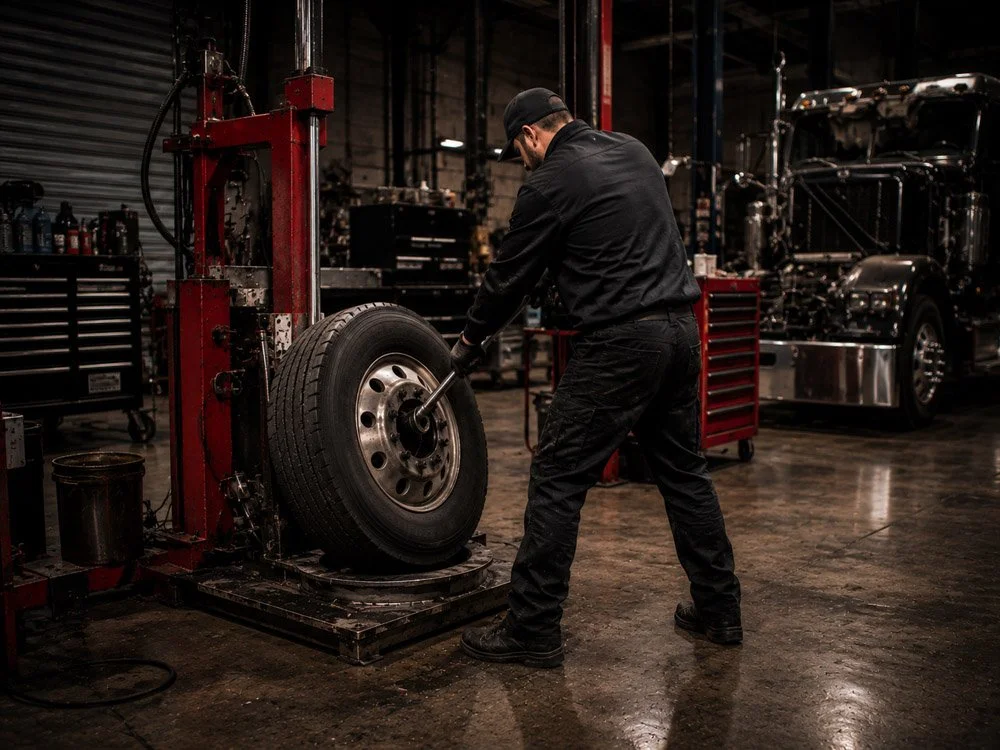 A mechanic changing a tire in an auto repair shop with an industrial background, tools, and a large truck.