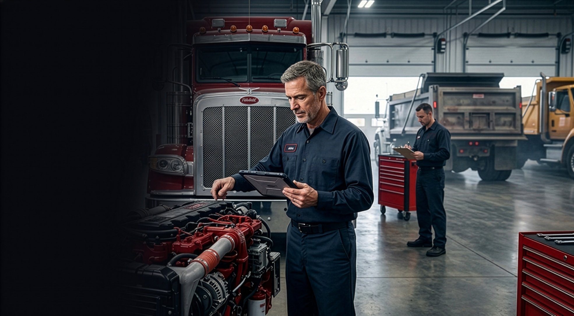 Two male mechanics working in an automotive repair shop. The mechanic in the foreground is inspecting engine components using a digital device, with a large red semi-truck behind him. The second mechanic in the background is using a clipboard. The shop has various tools and vehicles, including a yellow truck, visible in the background.
