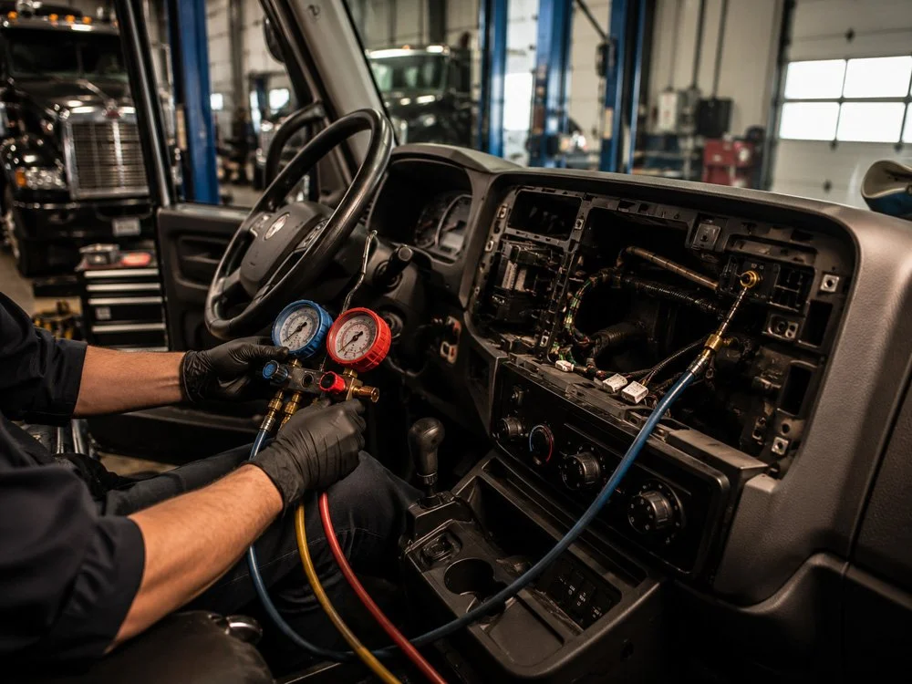 A mechanic wearing black gloves tests HVAC system with gauges inside a truck workshop.