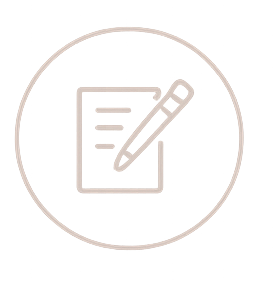Icon of a notepad and pencil inside a circle.