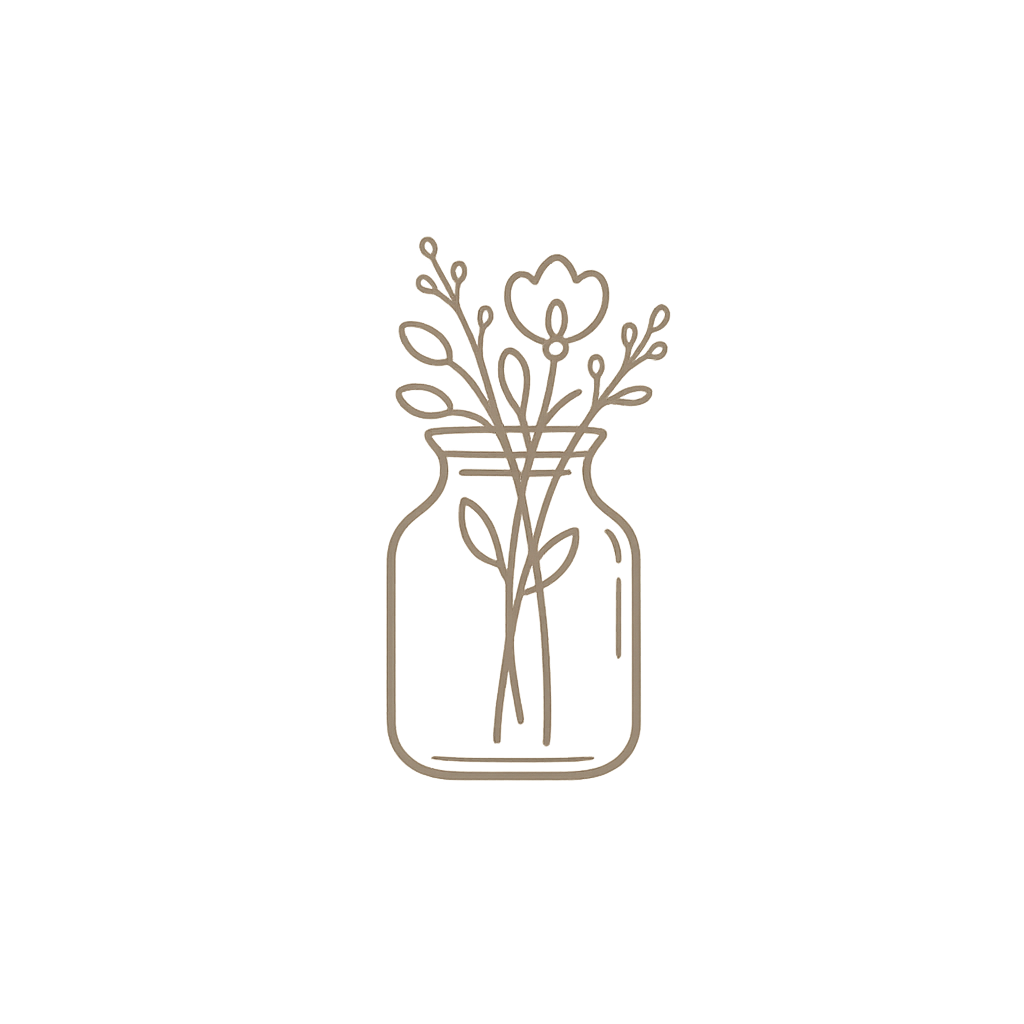 Line drawing of a jar with flowers inside on a black background.