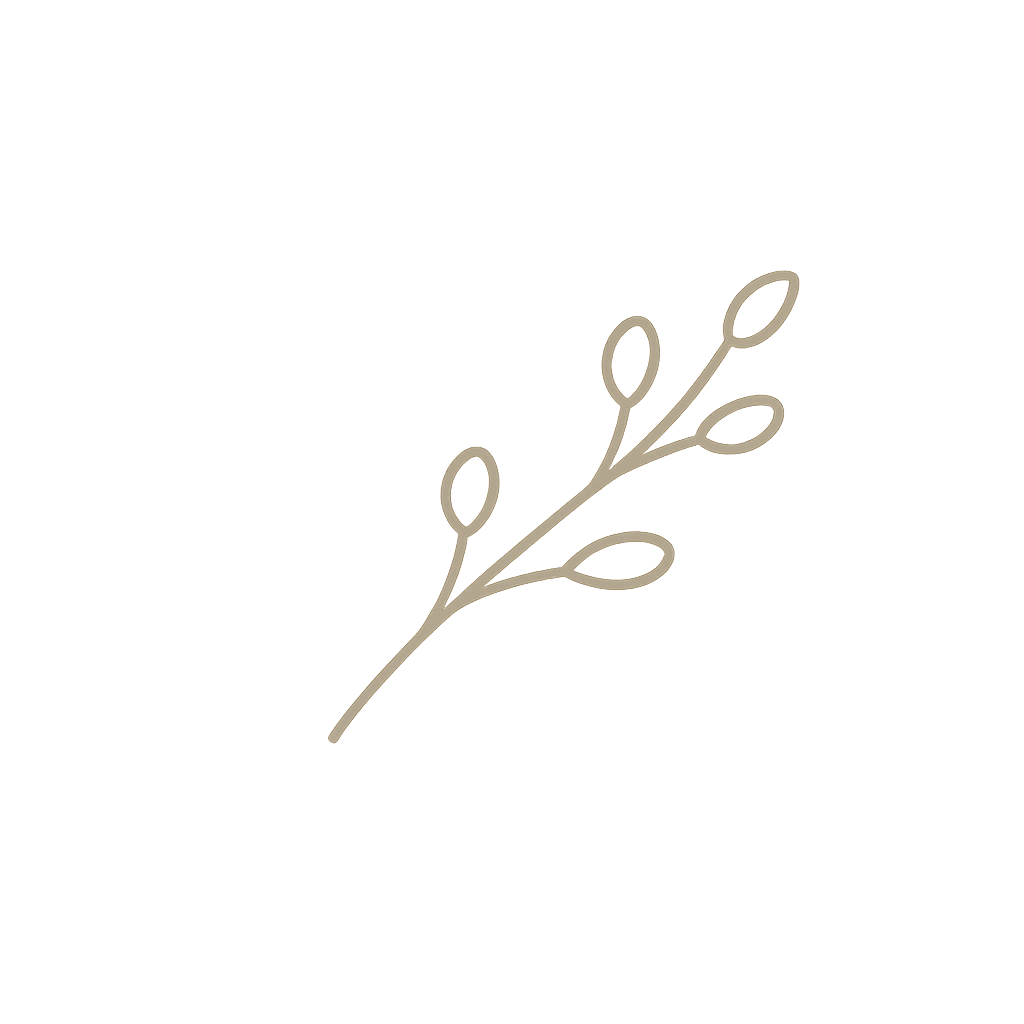 Minimalist illustration of a beige branch with five oval leaves on a black background.