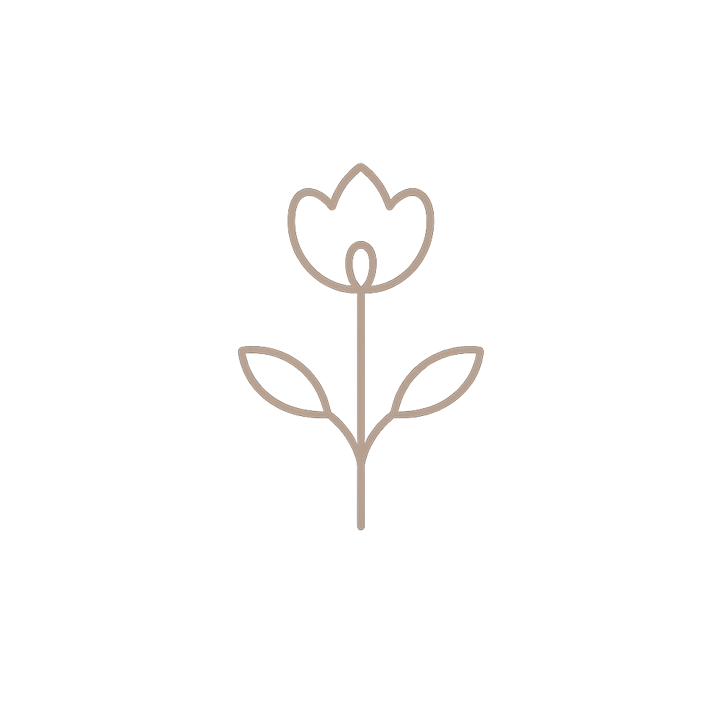 Minimalist line drawing of a single flower with two leaves on a black background.