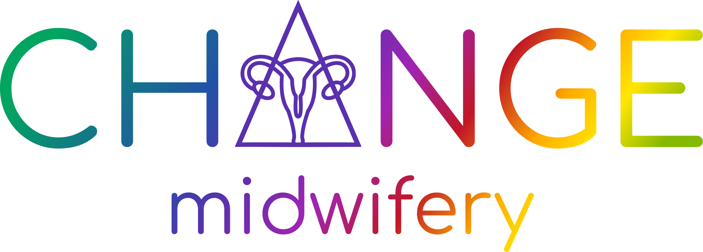 Colorful, rainbow gradient text spelling 'Change Midwifery' with additional rainbow-colored text underneath.