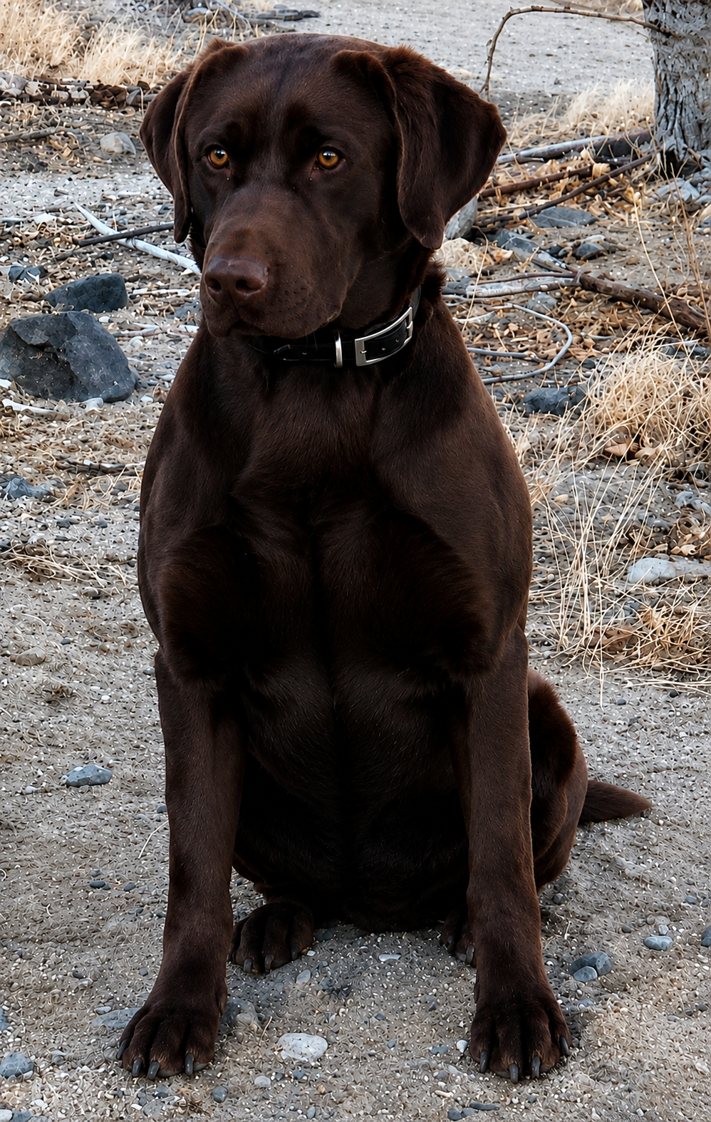 A chocolate Labrador Retriever dog sitting on a sandy beach with rocks and dry grass in the background, wearing a black collar.
