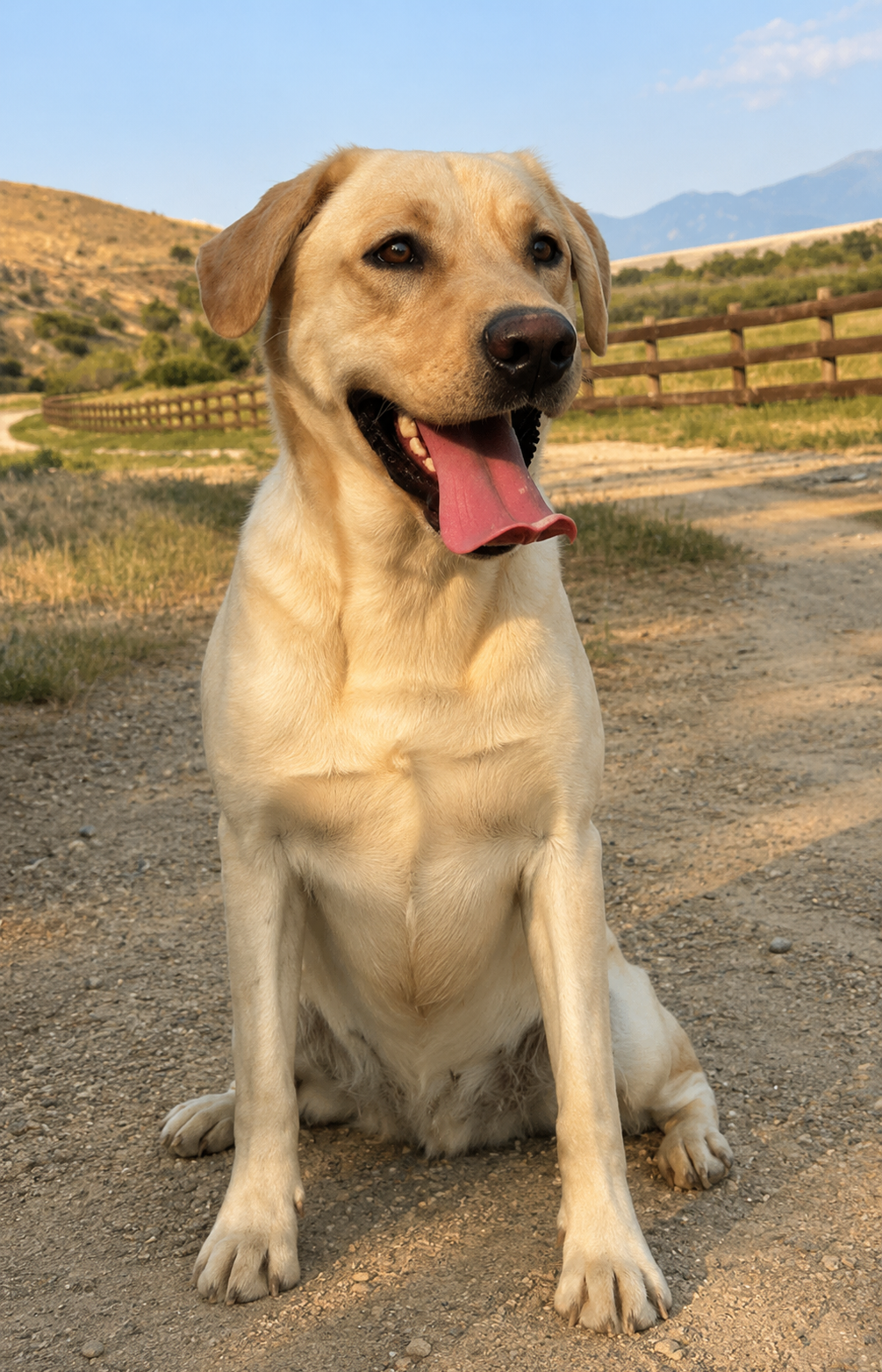A happy Labrador Retriever dog sitting on a dirt path outdoors with a fence, hills, and mountains in the background.