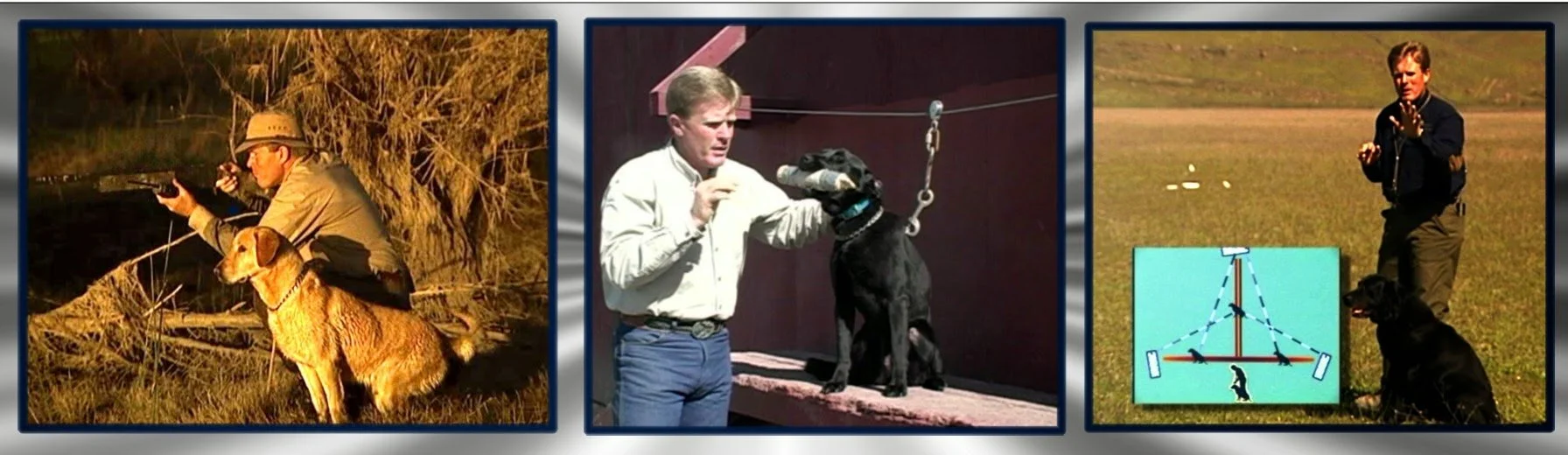 Three images showing dog training and handling. The first image shows a man in an outdoor natural setting aiming a gun, with a brown dog standing beside him. The second image shows a man inside a training facility, holding a dog's leash while the dog approaches a toy on a raised platform. The third image shows a trainer outdoors instructing a black dog to stay, with a diagram of a training setup in the foreground.