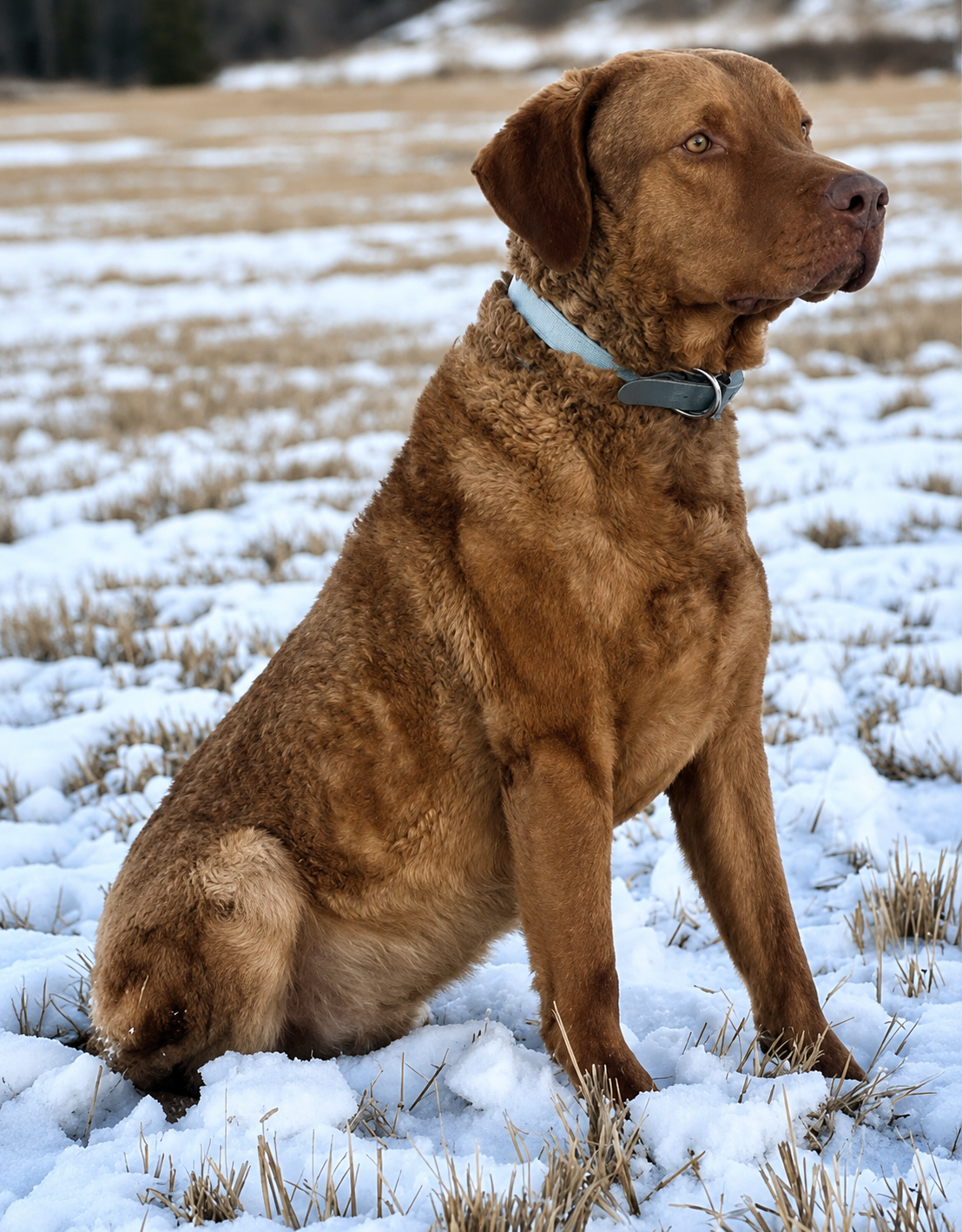 A brown dog sitting on snow-covered grass in an open field, looking to the right with a collar around its neck.
