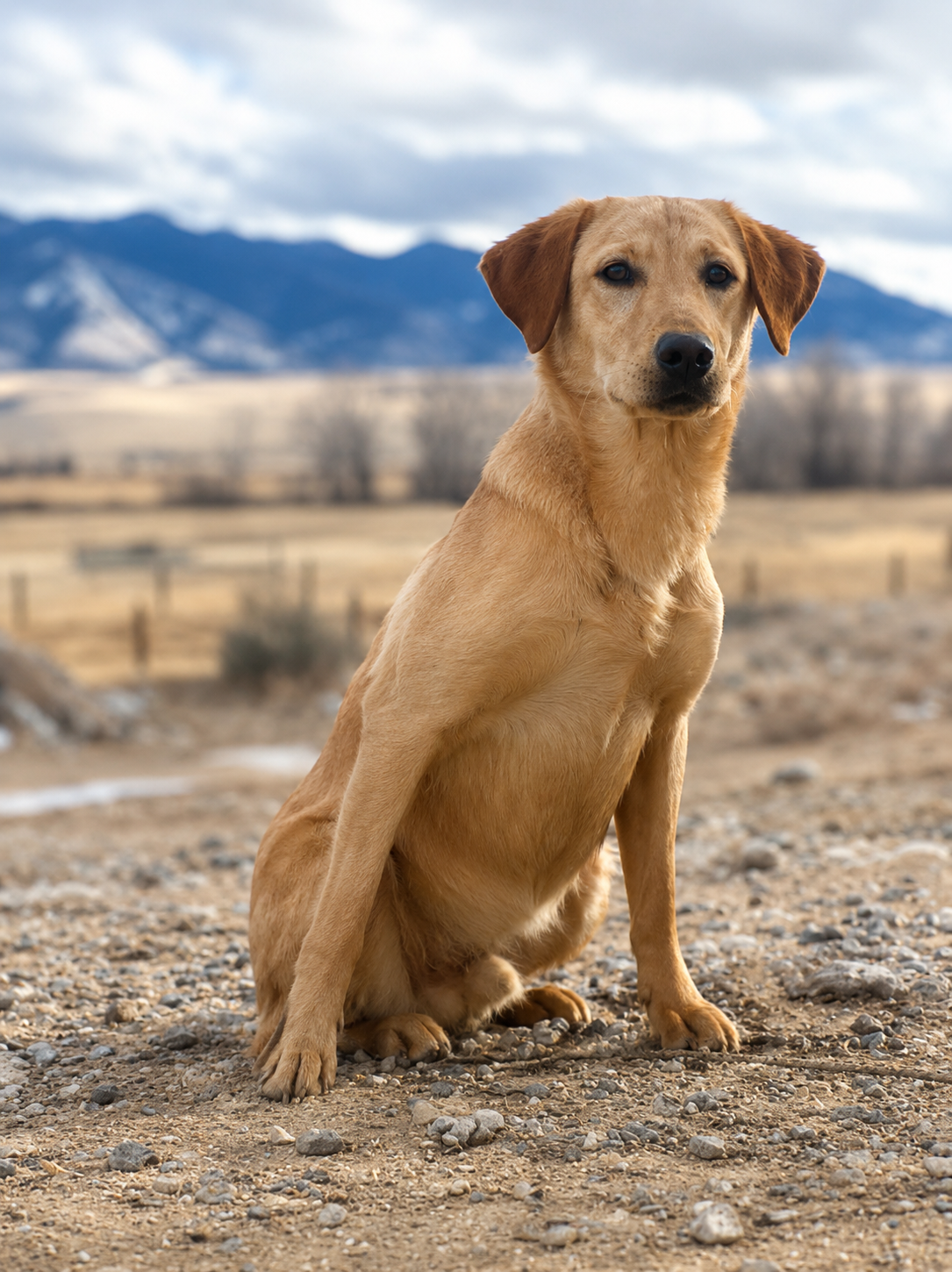A yellow lab sitting on a rocky dirt ground with mountains and cloudy sky in the background.