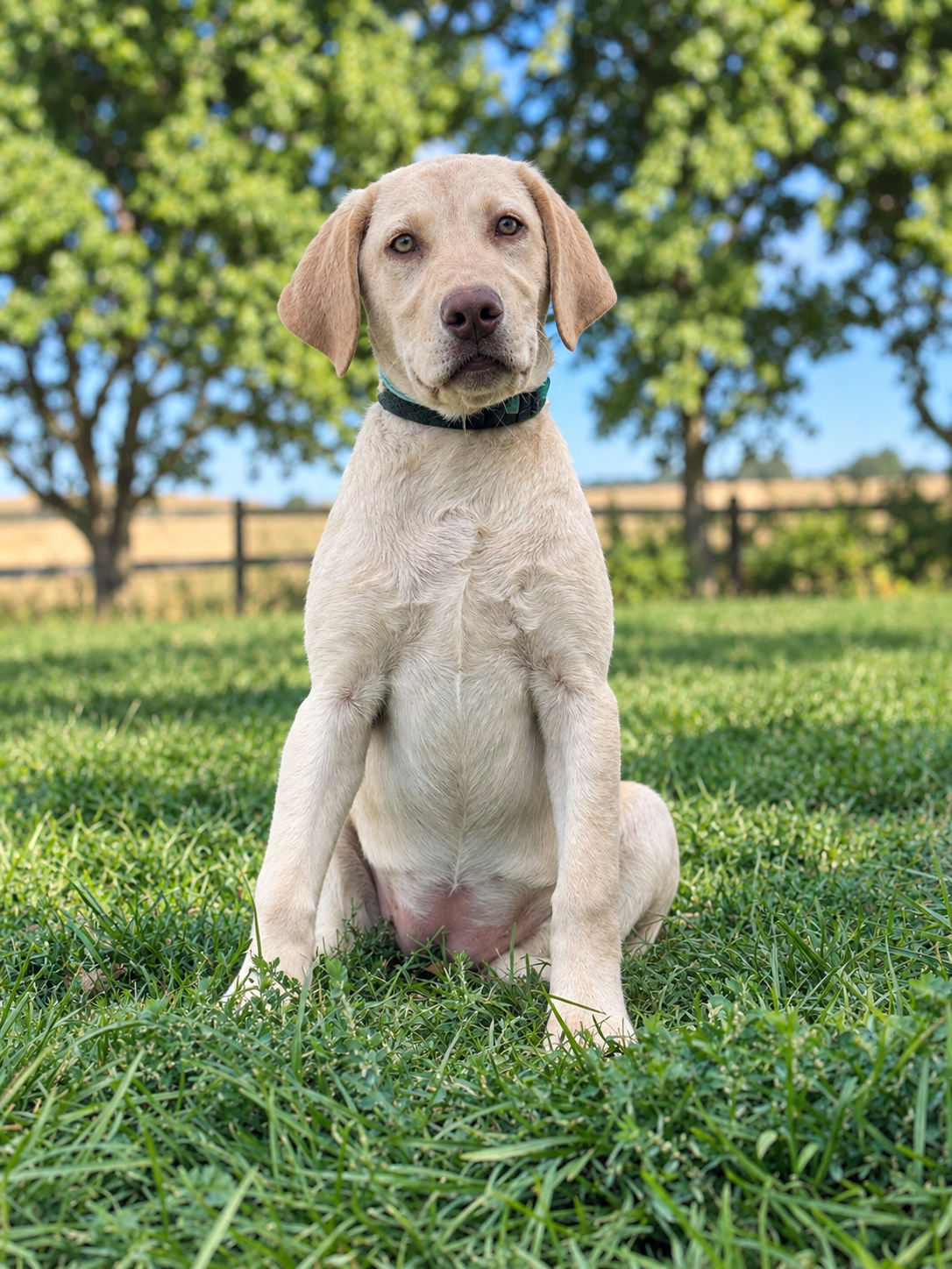 A young yellow Labrador retriever puppy sitting on green grass with trees and a fence in the background.