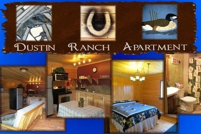 Collage with the words 'Dustin Ranch Apartment' and images of a house interior including a kitchen, dining area, bedroom, and bathroom.