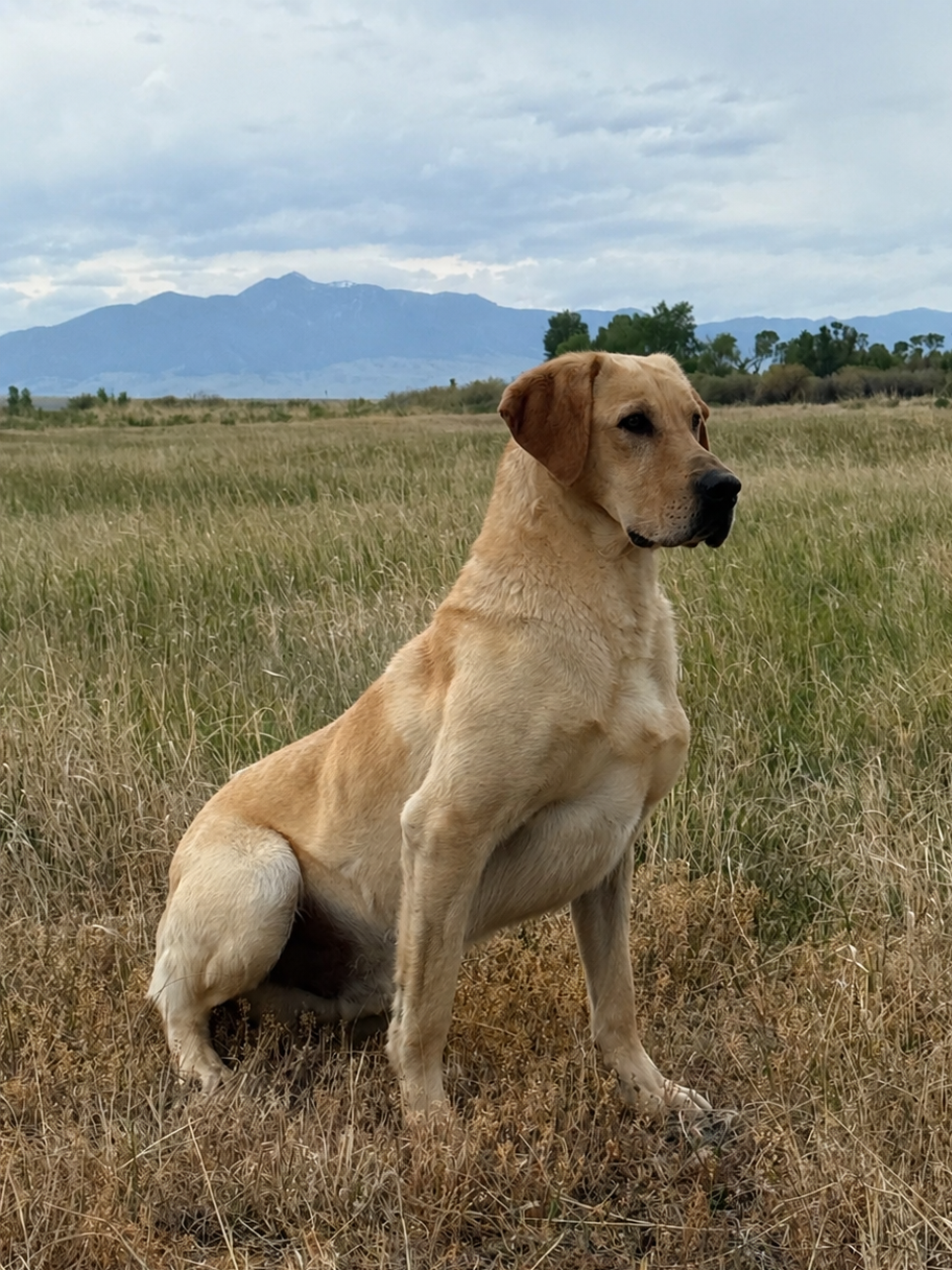 Yellow labrador retriever standing in a field with mountains