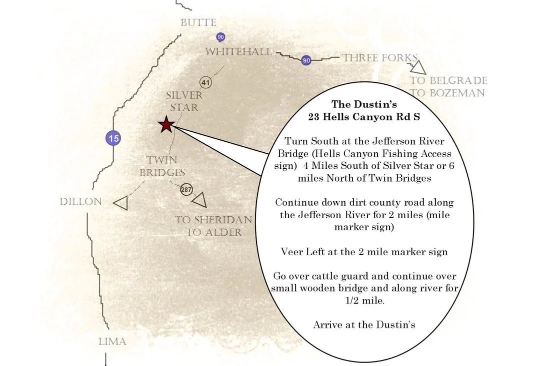 Map with directions to Dustin's address at 23 Hells Canyon Rd S, including landmarks and driving instructions.