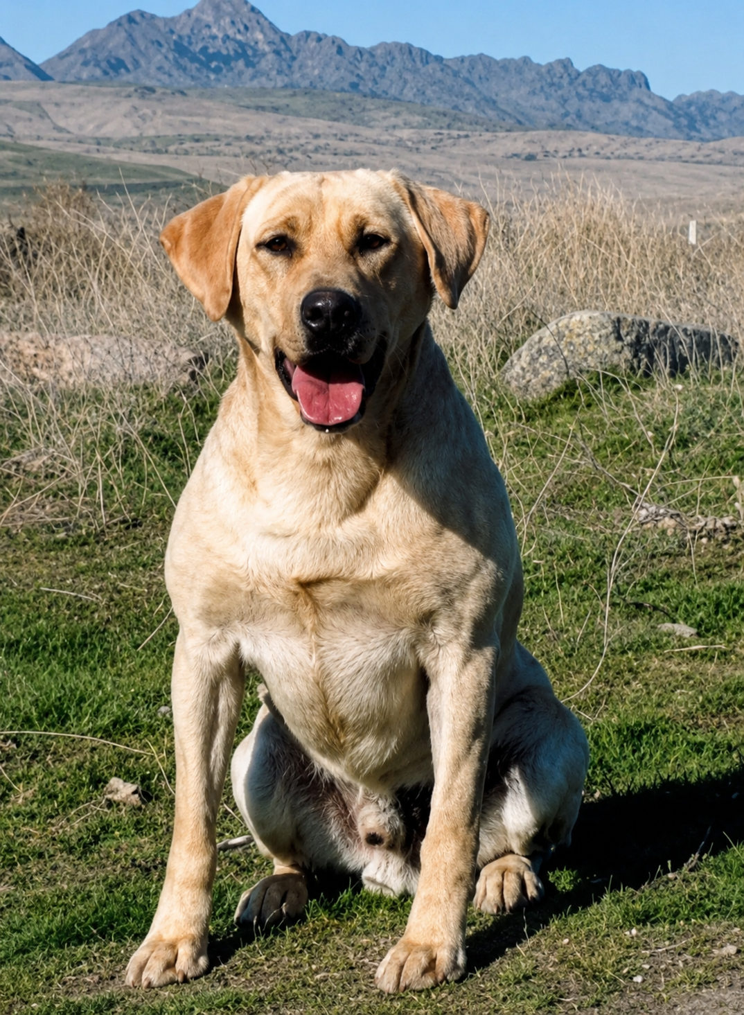 A happy yellow Labrador retriever sitting on grass with mountains and dry vegetation in the background.