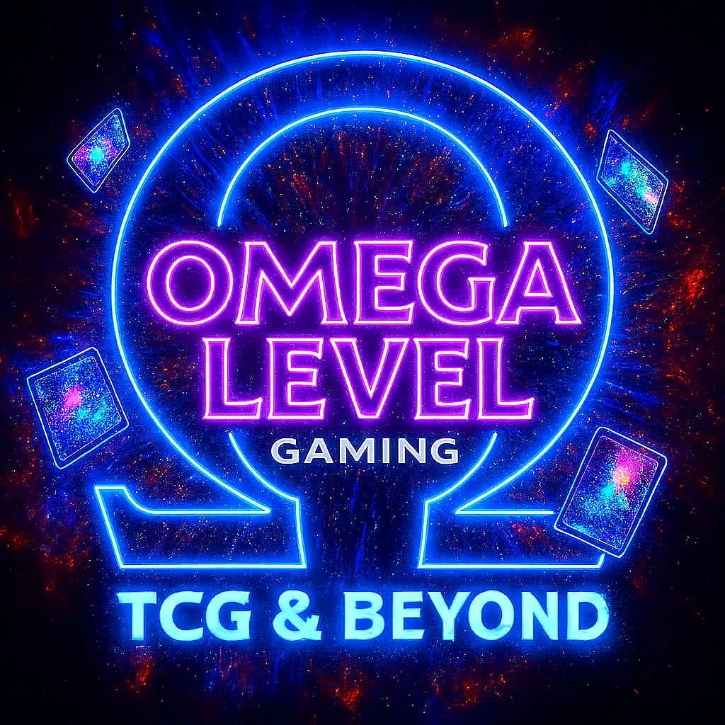 Neon sign for 'Omega Level Gaming', with the tagline 'TCG & Beyond', featuring holographic cards and a cosmic background.