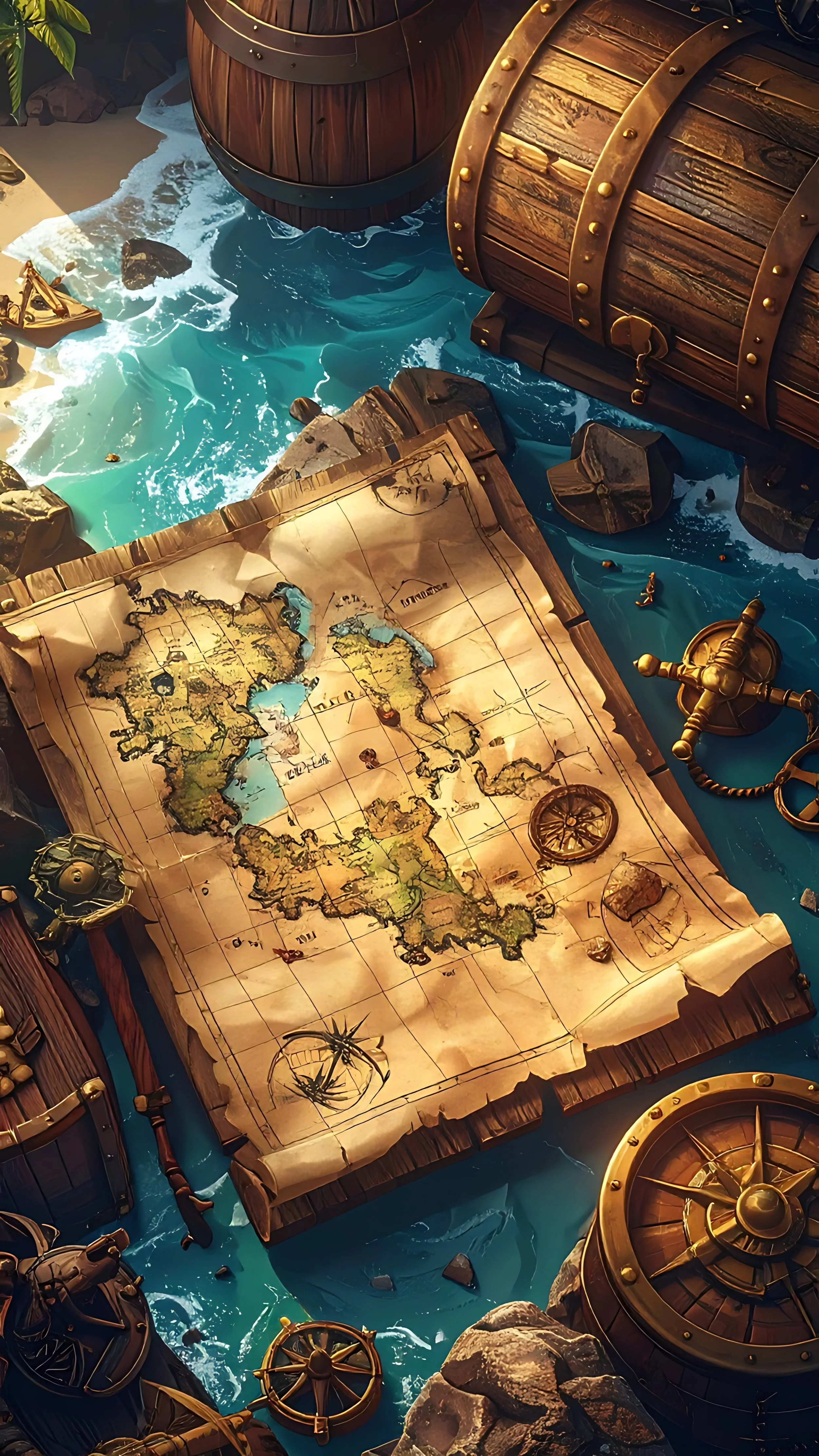 An overhead view of a treasure map, wooden barrels, and compass on a wooden surface surrounded by rocks and water, creating a pirate-themed scene.