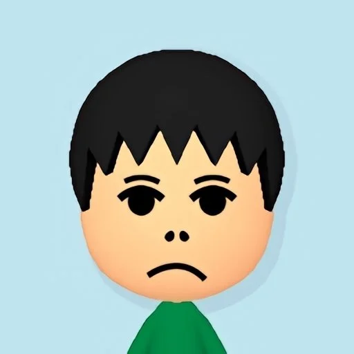 Animated character with black spiky hair and a green shirt, looking sad with a frown, on a light blue background.