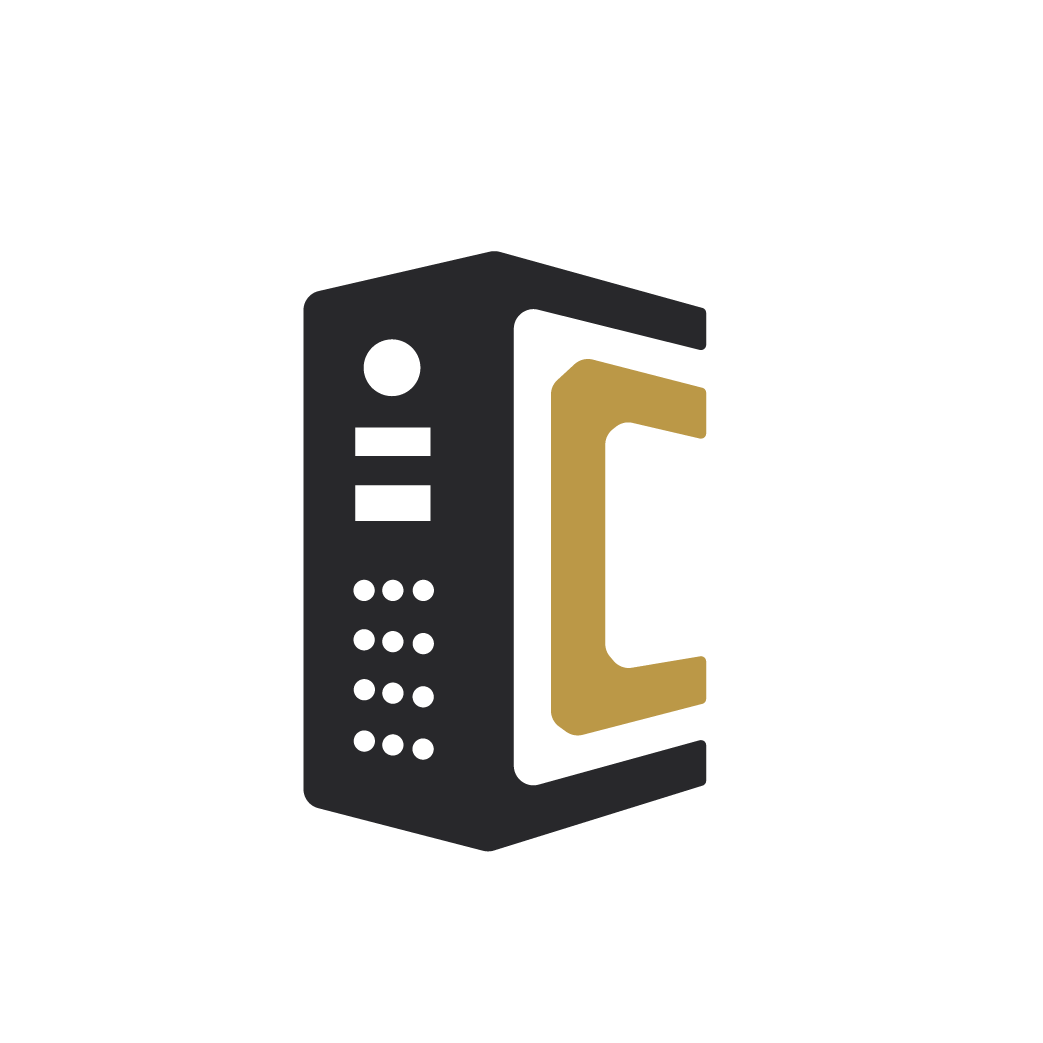 A stylized illustration of a server or data storage unit with a large letter 'C' in front of it, in black and gold colors.