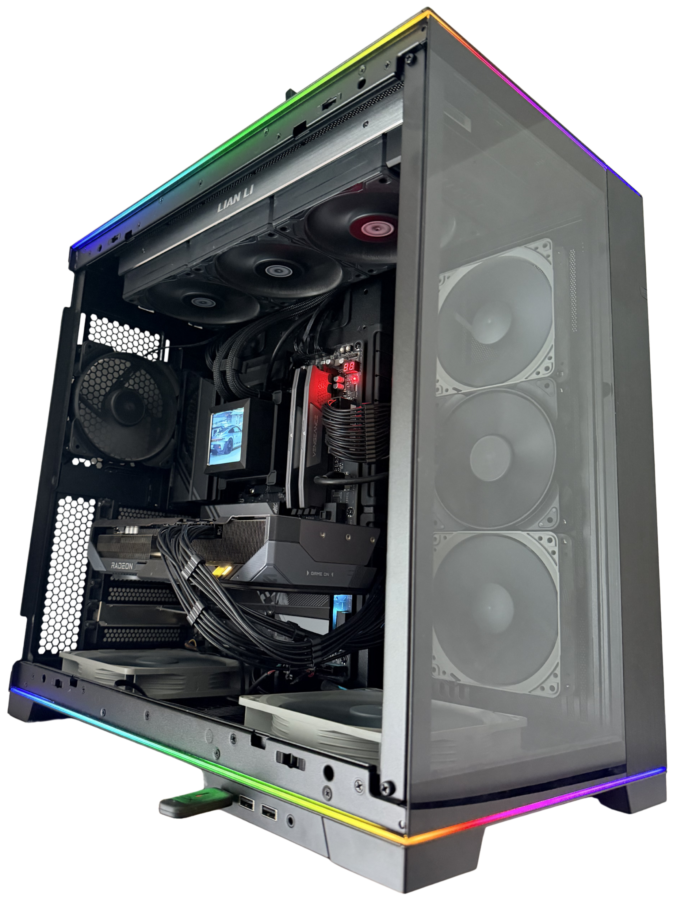 A gaming computer with a transparent side panel, RGB lighting, multiple cooling fans, and high-end components inside.