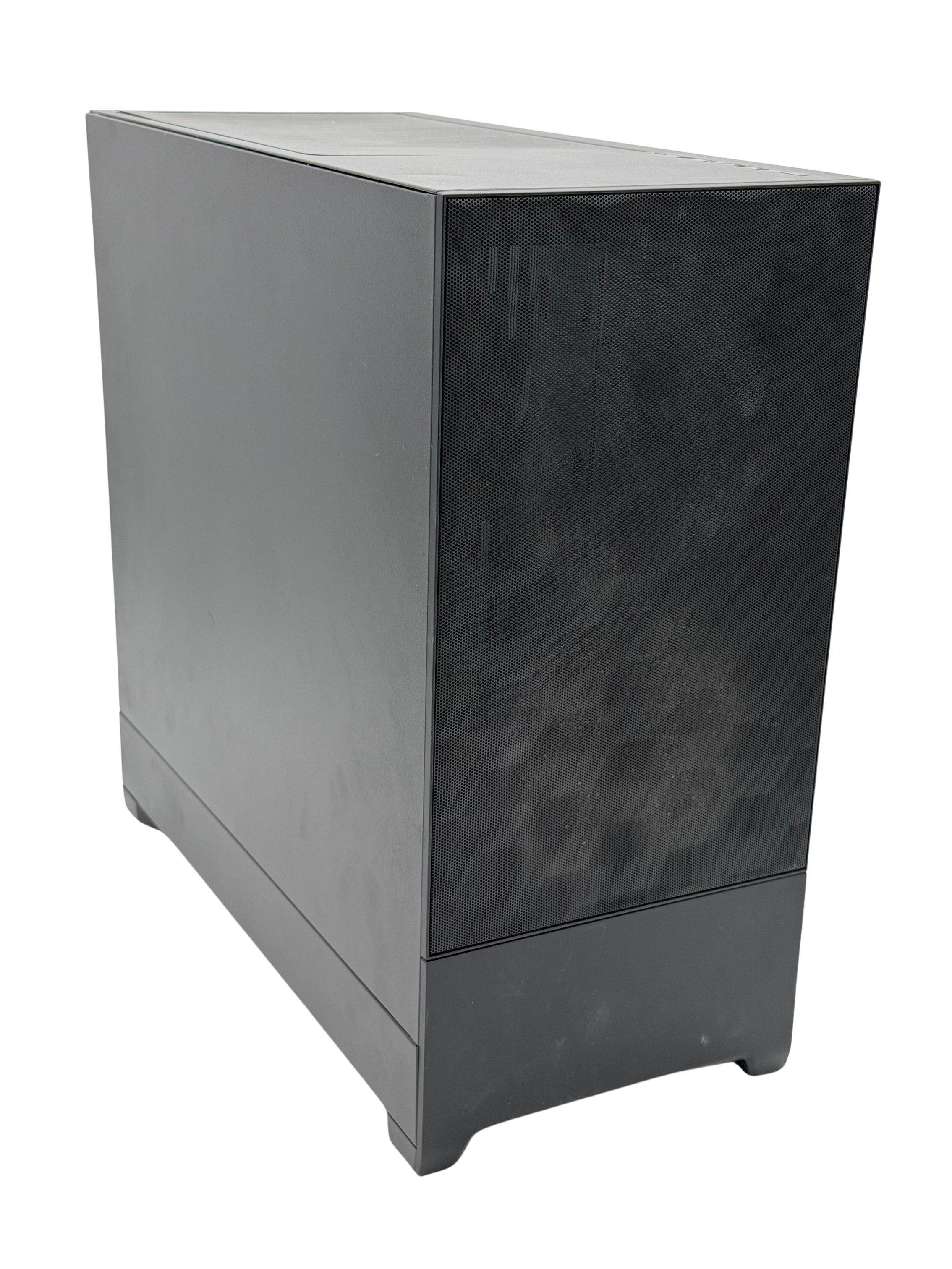 A large black computer tower or server case with a perforated front panel and a plain, solid side panel. The case is placed on a flat surface.