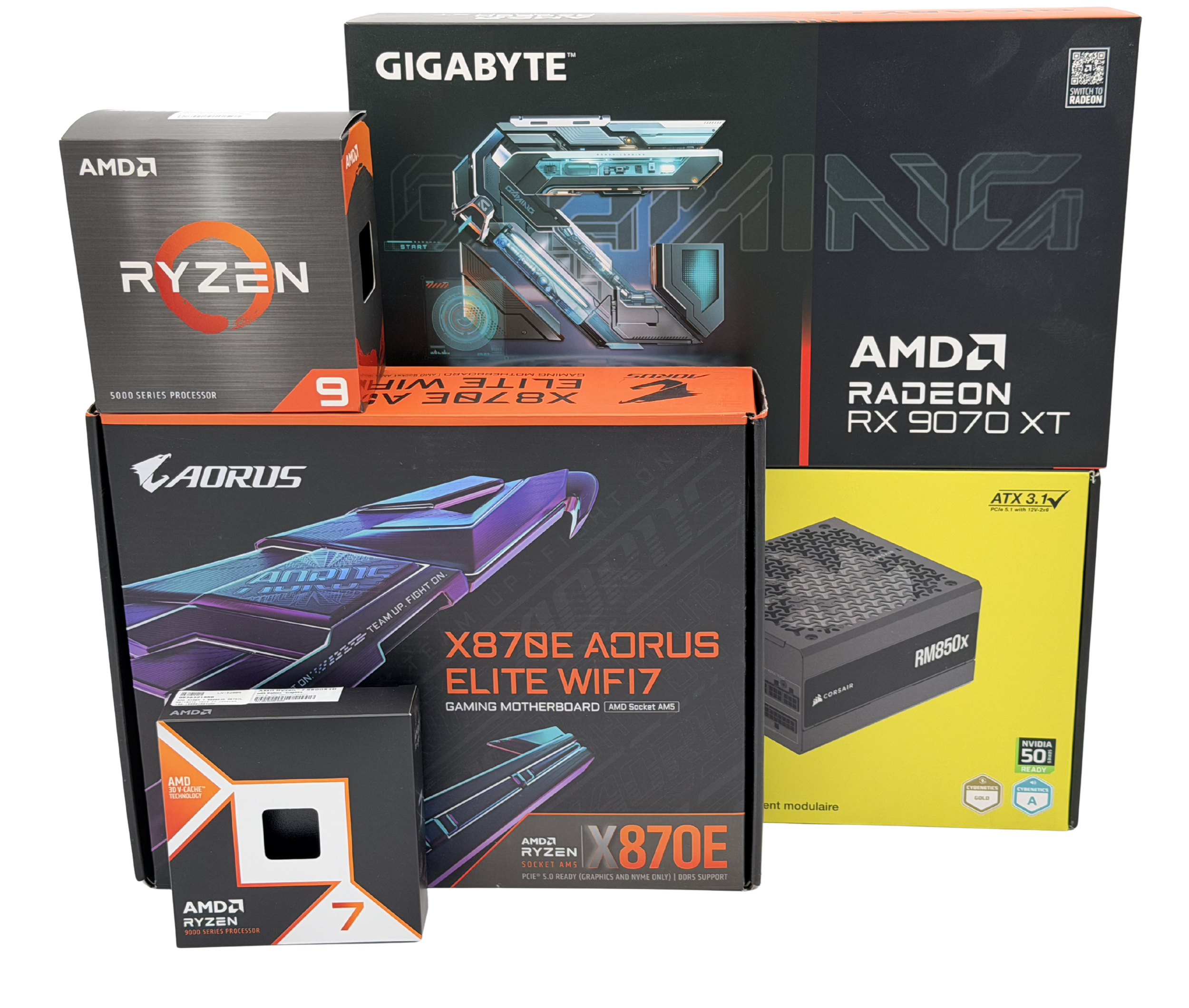 Various computer hardware product boxes, including AMD Ryzen 9 processor, Gigabyte AMD Radeon RX 9070 XT graphics card, Aorus X870E motherboard, and Corsair power supply, arranged together.
