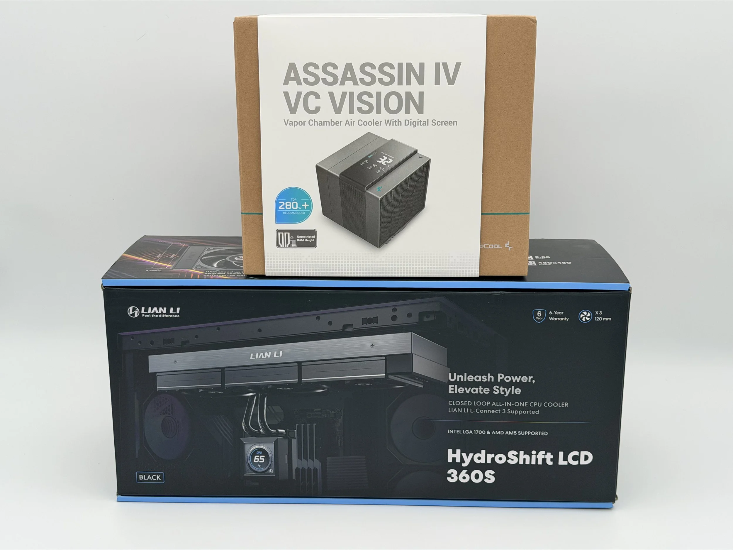 Box of HydroShift LCD 360S CPU cooler by LIAN LI featuring a black design, digital LCD display, and cooling pipes inside a transparent side panel, with text emphasizing power and style.