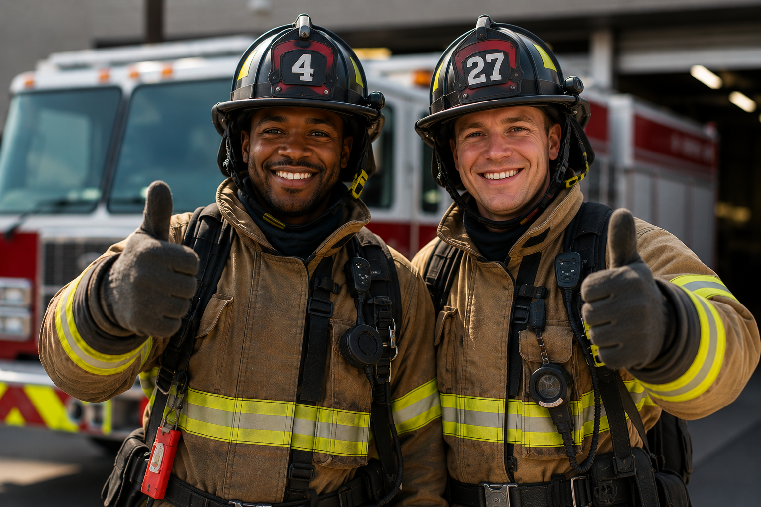 Two firefighters in protective gear smiling and giving thumbs-up in front of a fire truck.