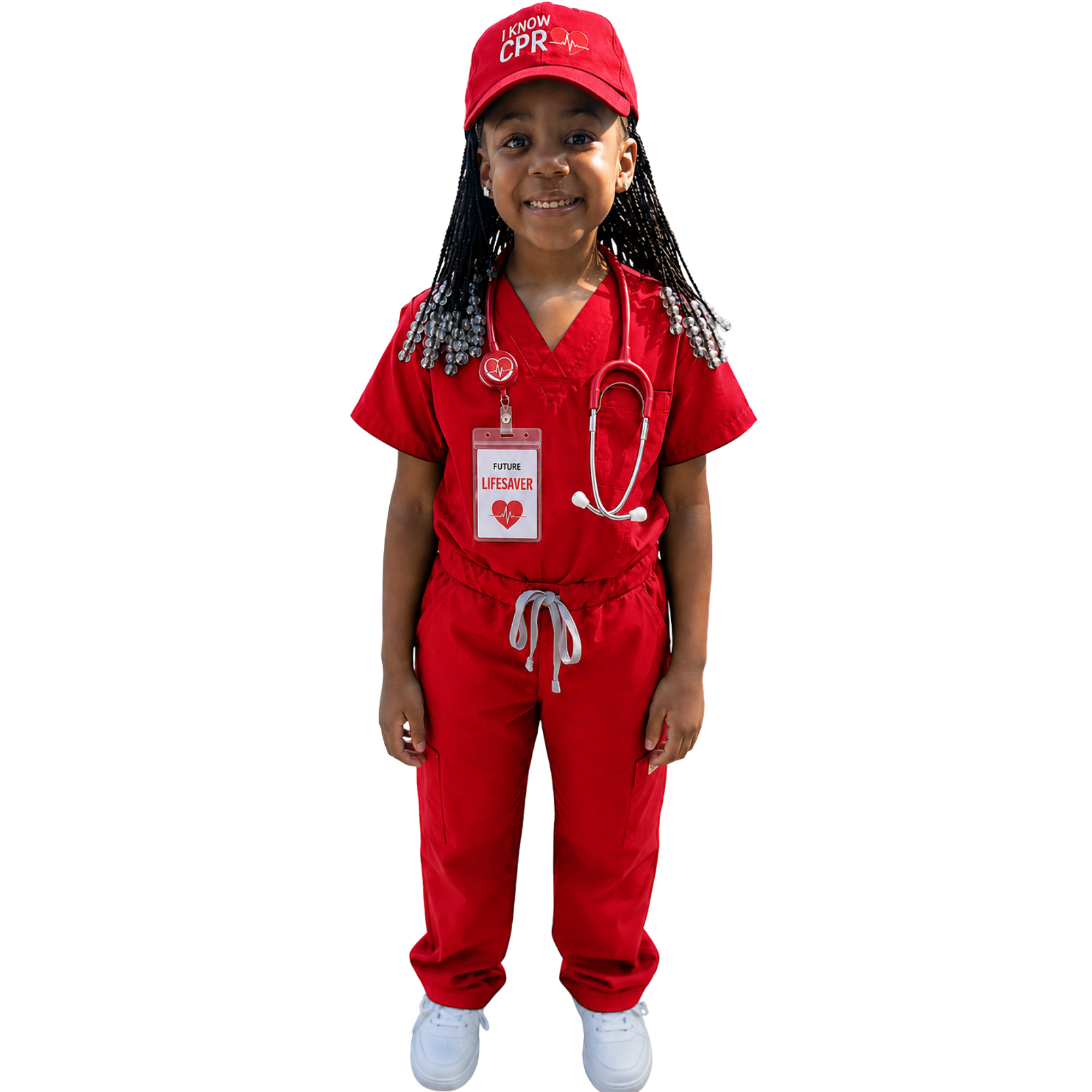 Young girl dressed as a healthcare worker in red scrubs and a cap that says "I know CPR", with a stethoscope and a name badge that reads "Future Lifesaver".