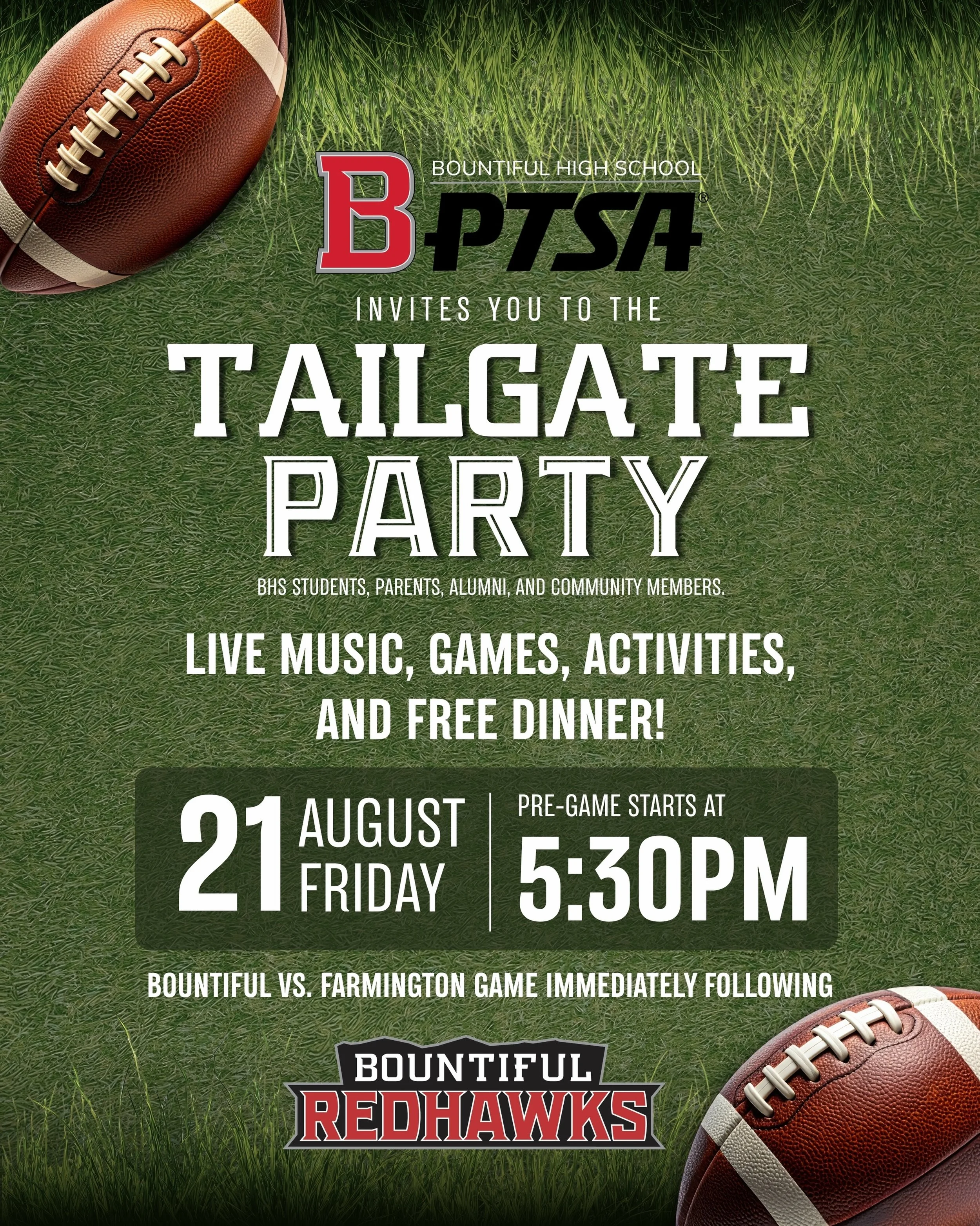 Mark Your Calendars! The whole Bountiful community is invited!!! 🅱️🏈🖤

The PTSA Tailgate Party is August 21st! Pregame starts at 5:30pm with the @bhsredhawks_football vs Farmington game immediately following.

Let&rsquo;s go Redhawks!

#bountifulh