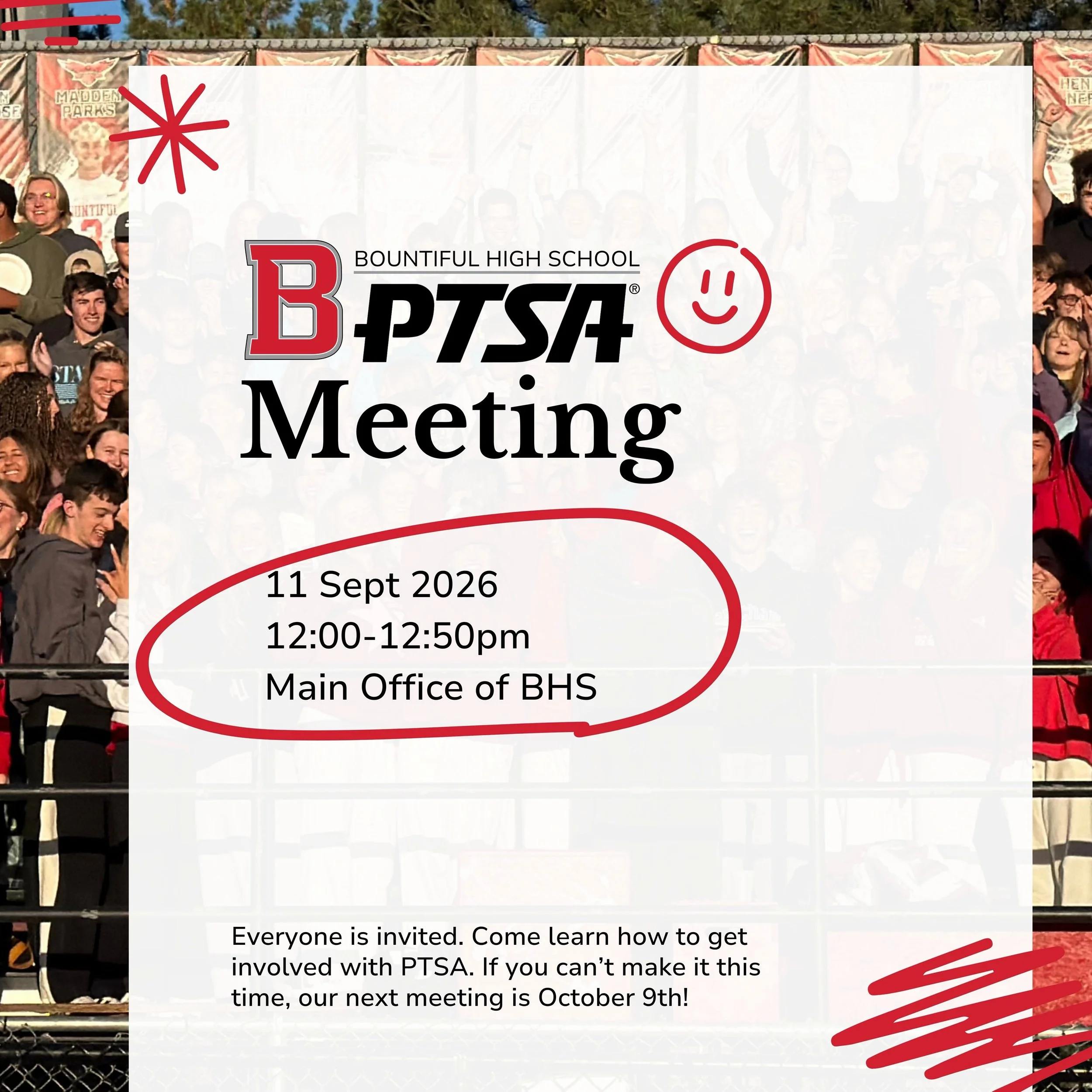You&rsquo;re invited! Join us at our PTSA Meeting today at 12pm in the main office 🖤🅱️🩶

#ptsa #bountifulhighschool #bhsredhawks