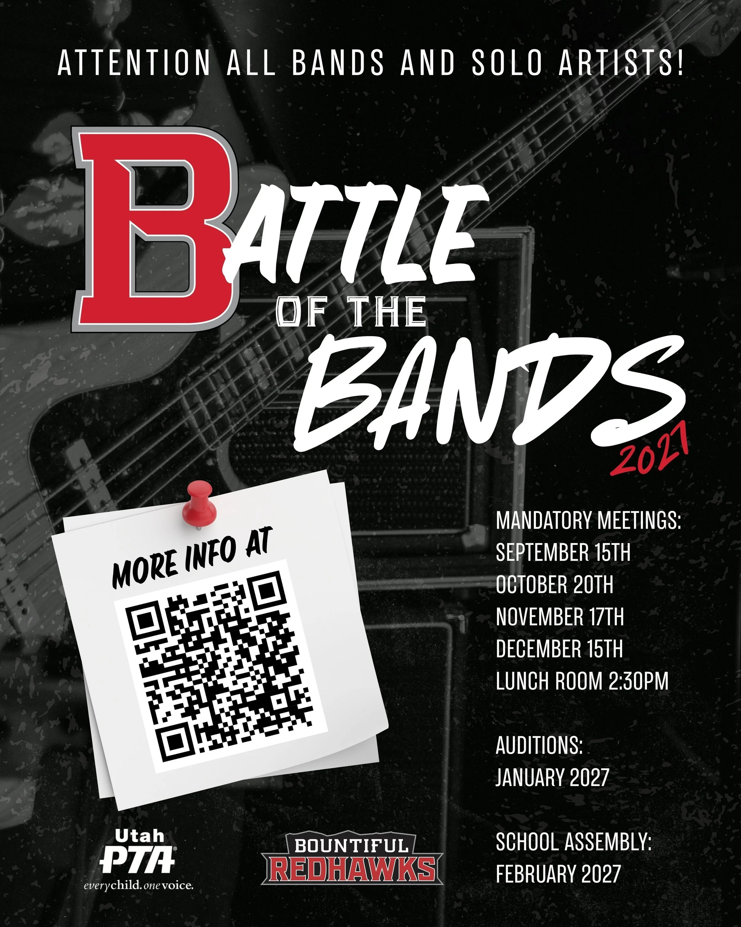 🤘🏻FIRST MEETING TOMORROW!!! 

Battle of the Bands is back and the first meeting is tomorrow September 15th. All soloists and bands meet in the lunchroom at 2:30pm.

#battleofthebands #bountifulhighschool #bhsredhawks #utahpta