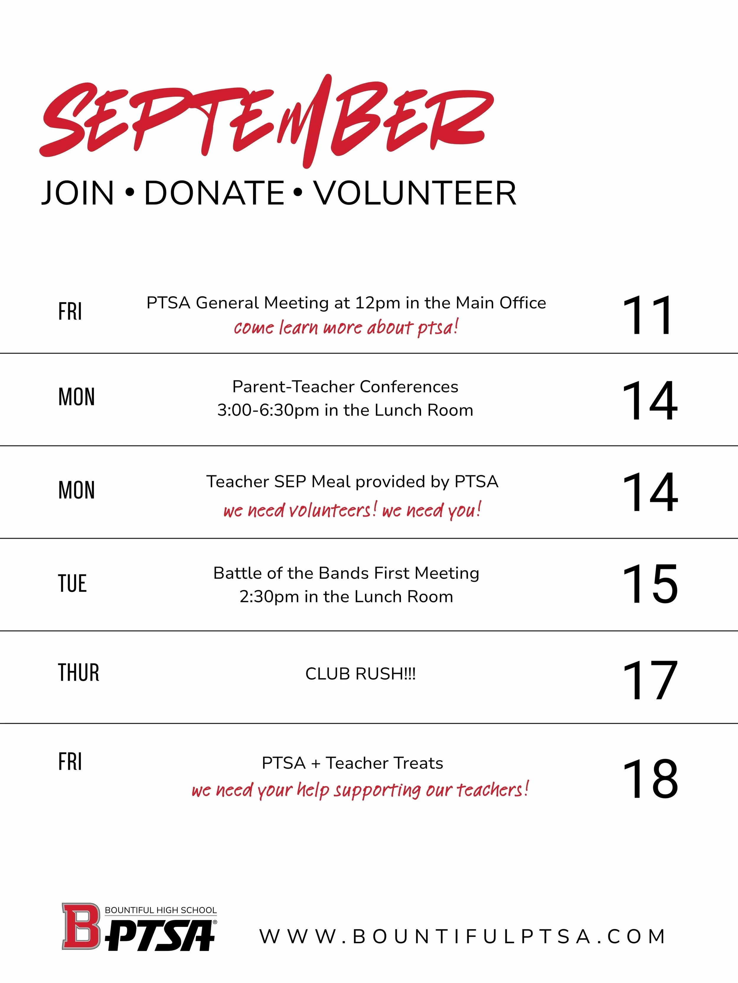 🗓️ Mark Your Calendars 🗓️ Lots of good stuff happening this week at Bountiful High School!!!

#bountifulhighschool #markyourcalendars #ptsa #bhsredhawks