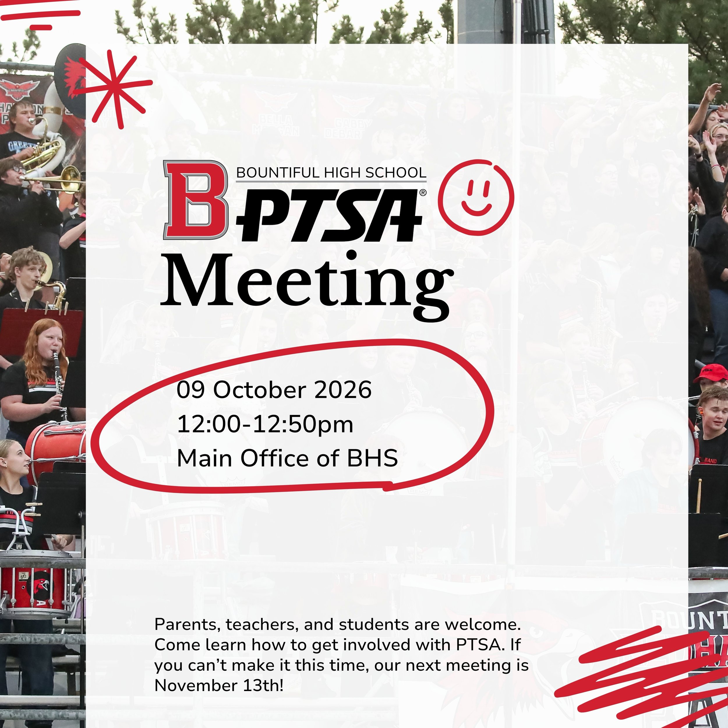 We&rsquo;d love to see you at our next PTSA meeting! Come learn how you can get involved in supporting our awesome community!

October 9th @ 12pm.

#ptsa #bountifulhighschool #bhsredhawks