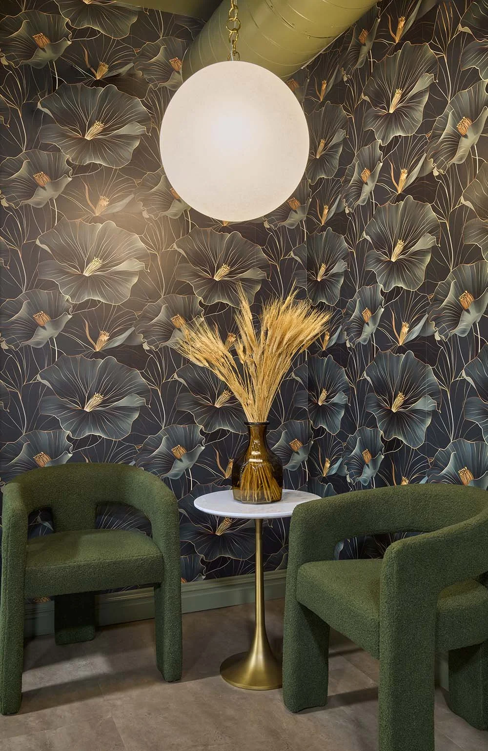 globe light+green chairs+side table+floral wallpaper.jpg