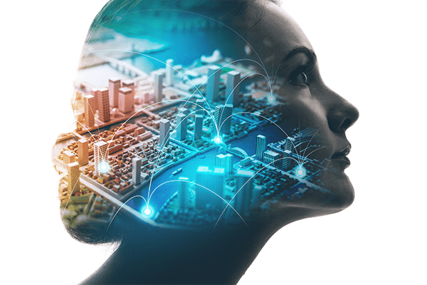 Illustration of a connected city inside a human profile, representing in-building and campus cellular coverage design.