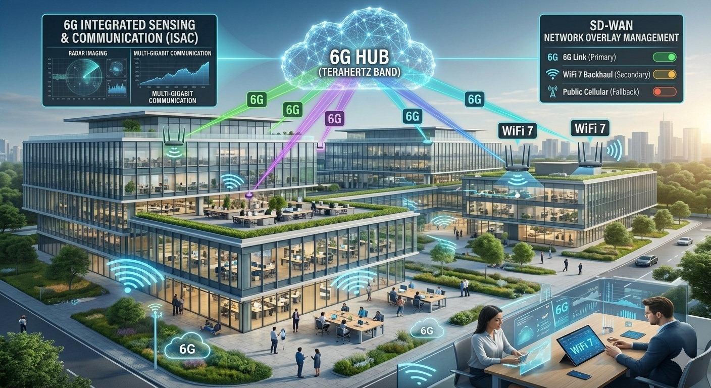 A modern office complex with multiple glass buildings equipped with 6G,  WiFi 7, and SD-WAN wireless communication technology, illustrated with icons and indicators for network connections, 6G hubs, and network management systems in an urban setting.