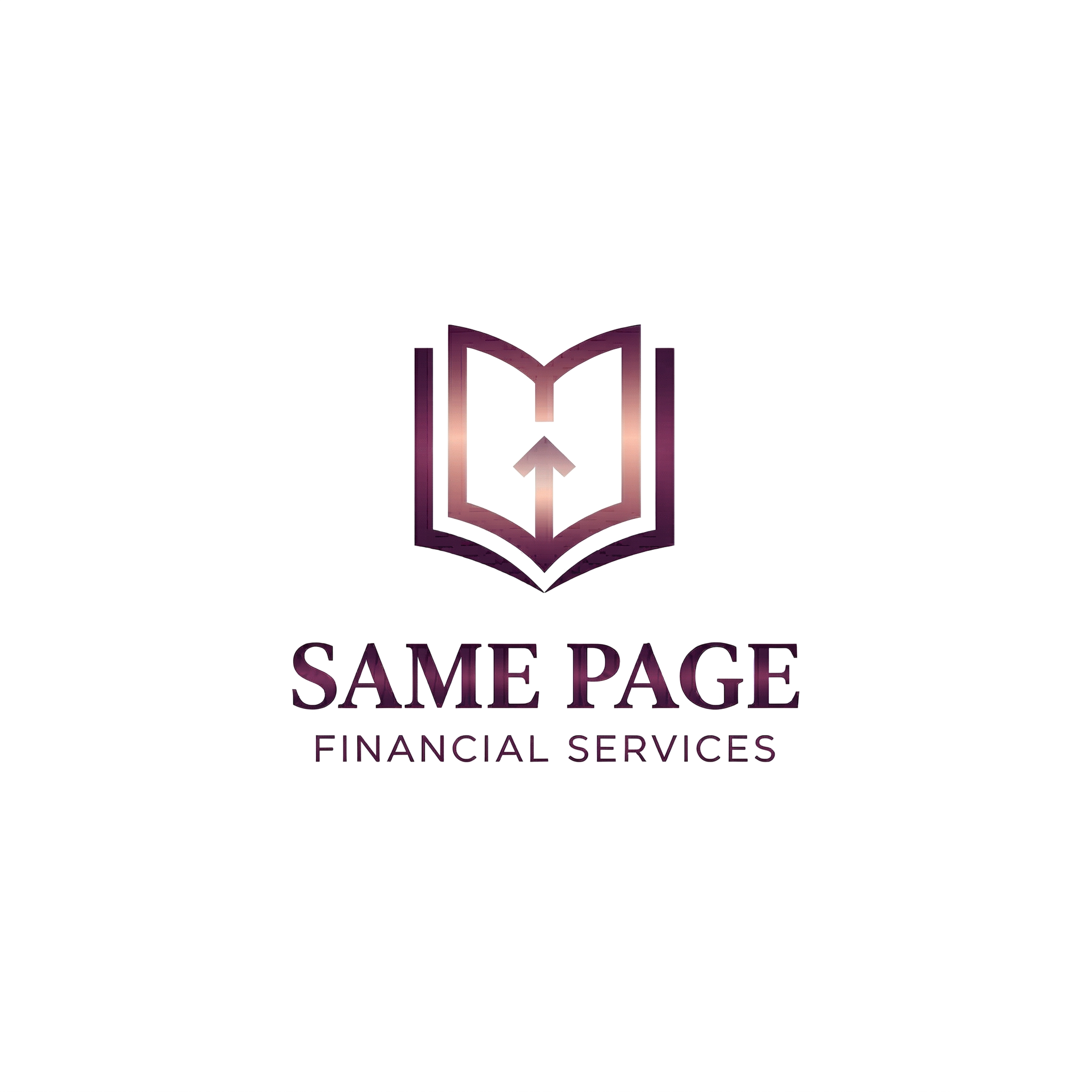 Logo for Samepage Financial Services with a purple and pink gradient open book design and the company name below.