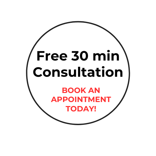 Circle with text advertising free 30-minute consultation and urging to book an appointment today.