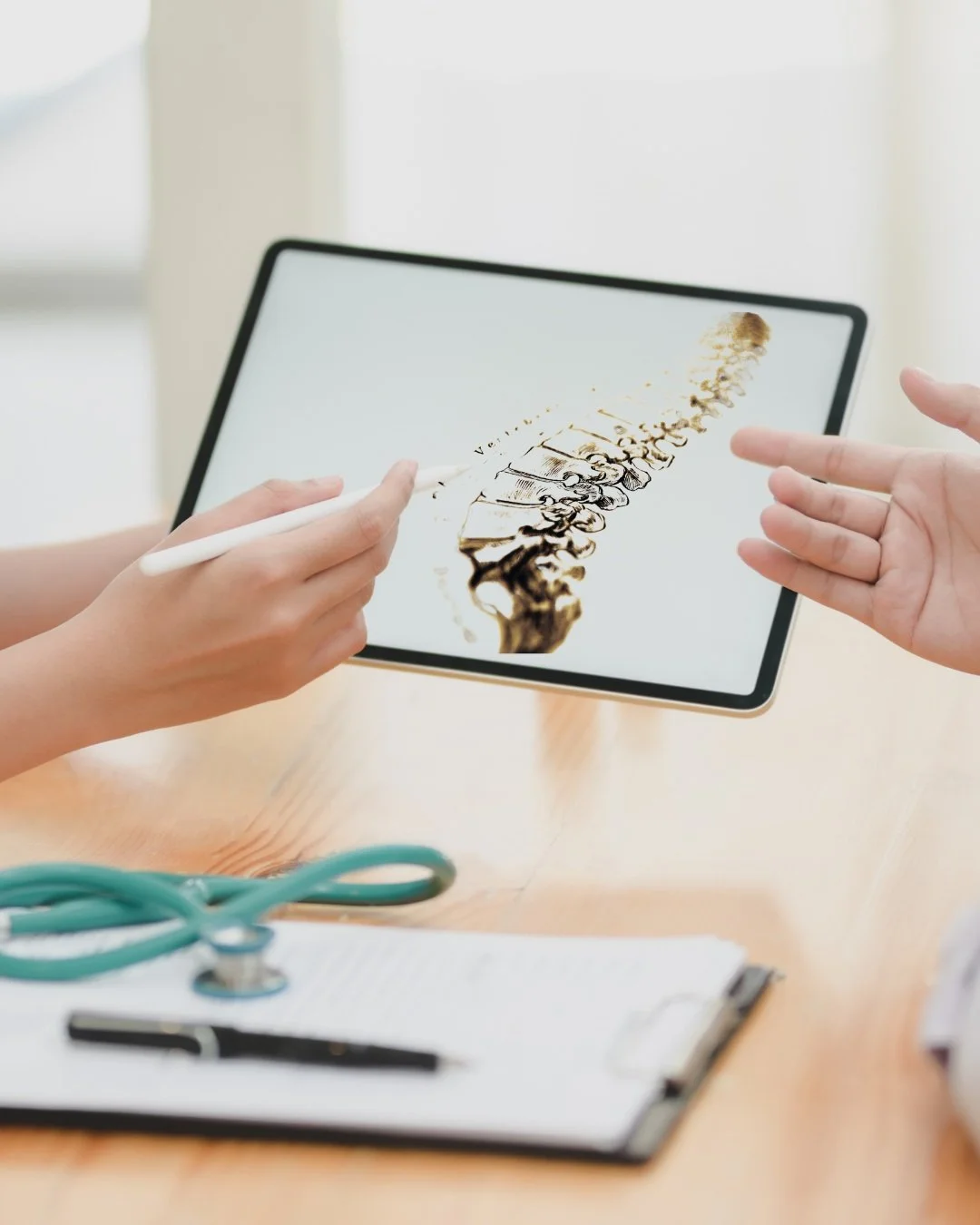 A person using a stylus to draw an anatomical illustration of a human spine on a tablet, with another person gesturing towards the screen, on a wooden table with medical tools and a clipboard.