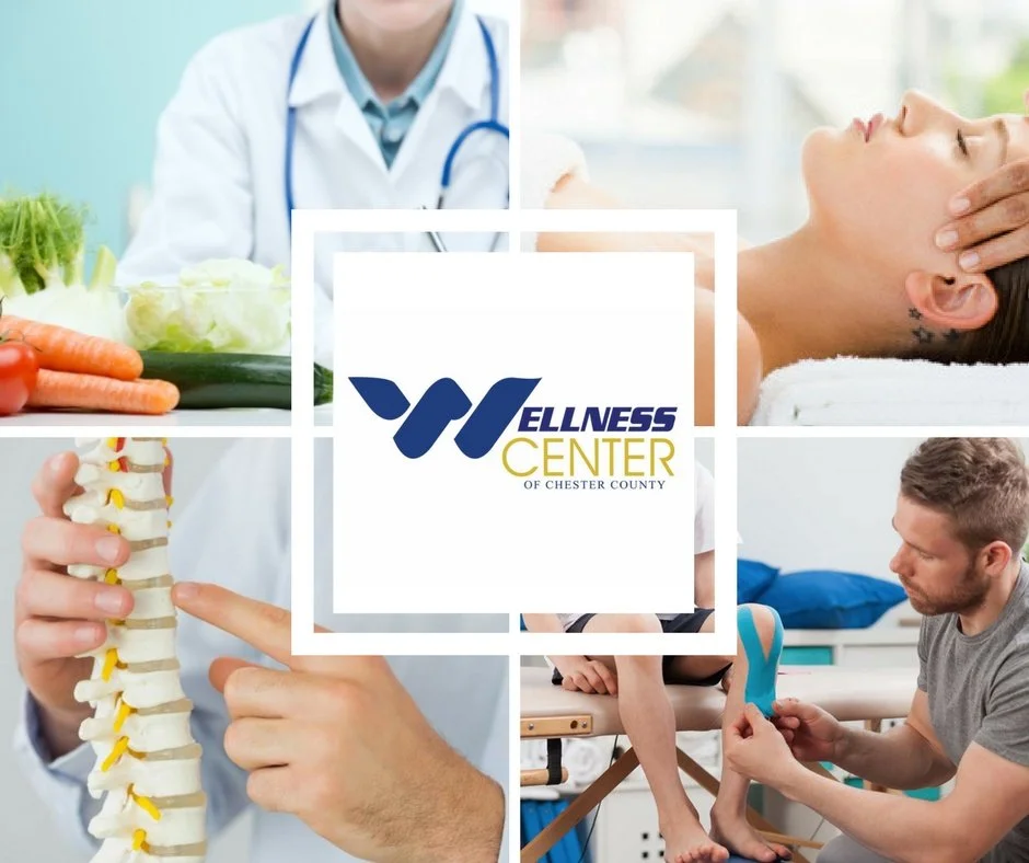 Collage of medical and wellness images including a doctor with vegetables, a woman receiving a facial, a model of a human spine, a man receiving physical therapy, and a physiotherapist working on a patient's foot, with the Wellness Center of Chester County logo in the center.