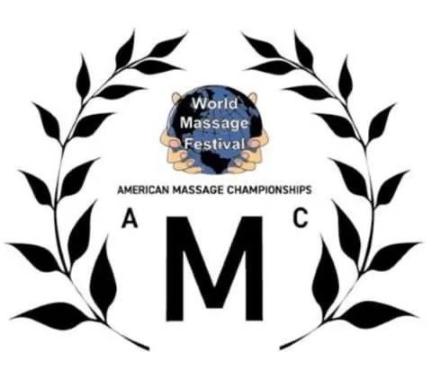 Logo for World Massage Festival and American Massage Championships with a laurel wreath design.
