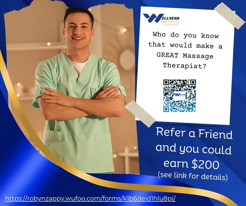 A smiling man wearing light green medical scrubs stands with his arms crossed in a warmly lit room. To his right, there is a promotional flyer for Wellness Institute with a QR code, asking who could make a great massage therapist. The flyer offers a $200 reward for referring a friend.